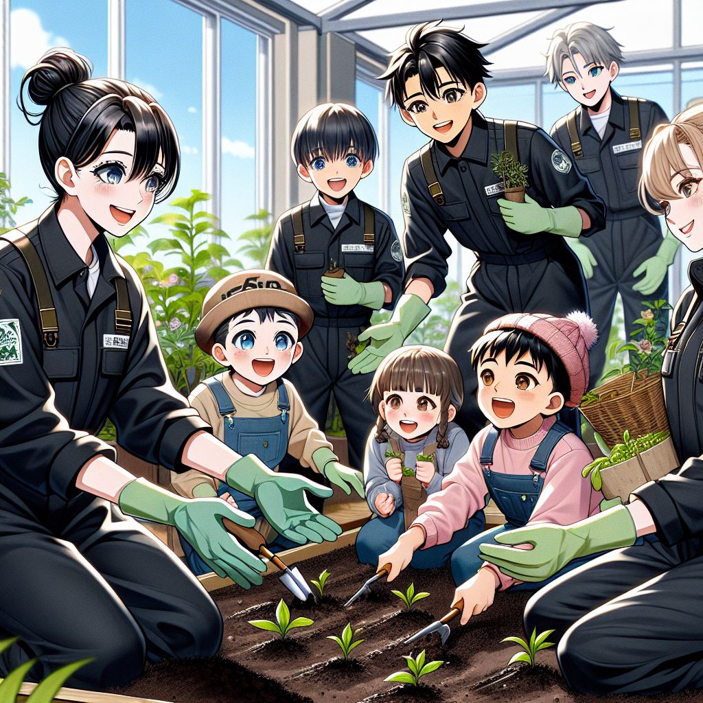 An anime-style illustration depicting Japanese agricultural high school students teaching children h
